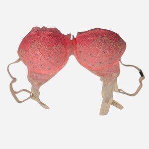 Victoria Secret Bra 32C Dream Angels Push Up Pink Embroidered Lace Rhinestone